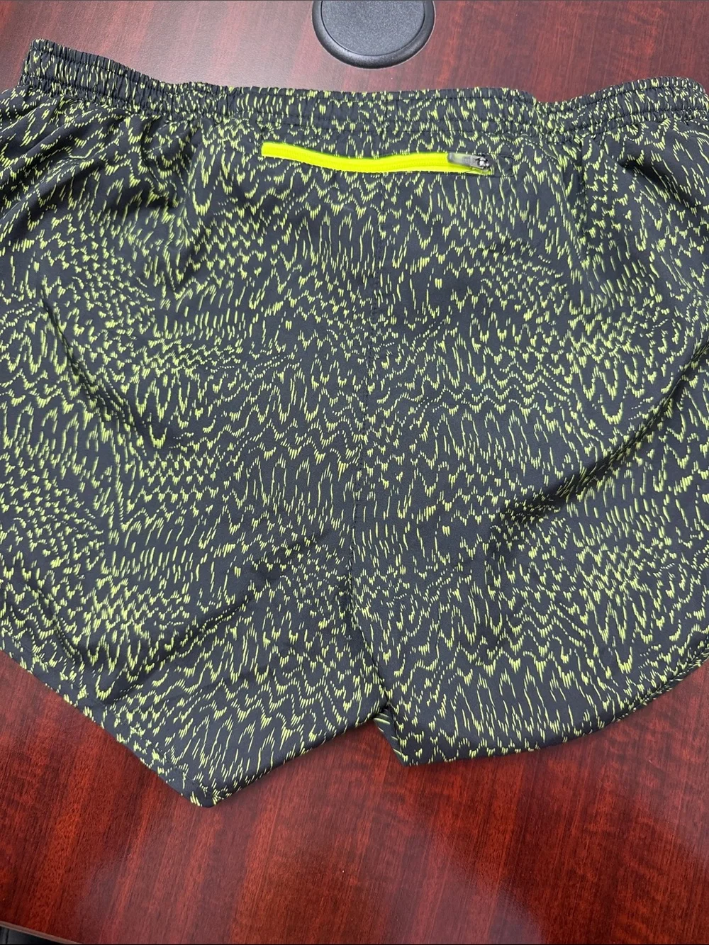Nike Women’s Black and Neon Green Patterned Athletic Shorts